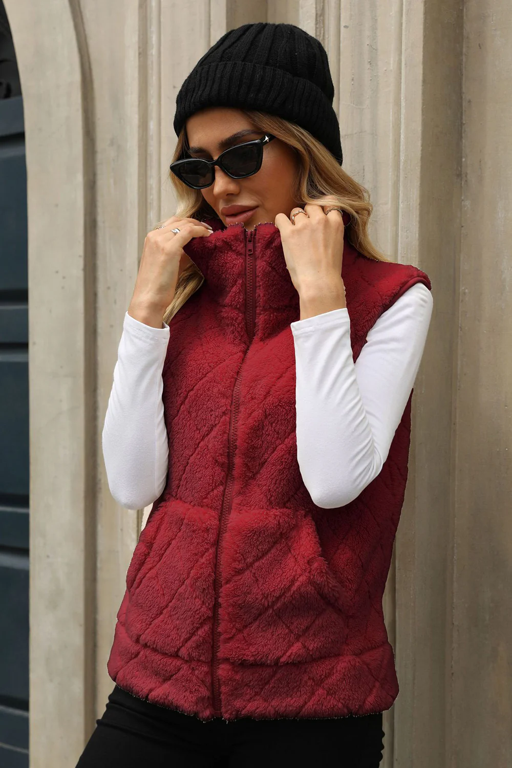 Fuzzy Plaid Texture Zip Up Vest Coat - Image 6
