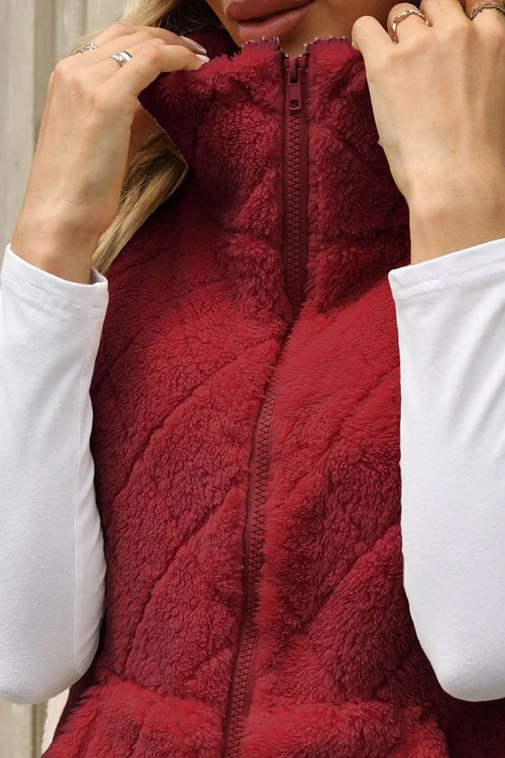 Fuzzy Plaid Texture Zip Up Vest Coat - Image 7
