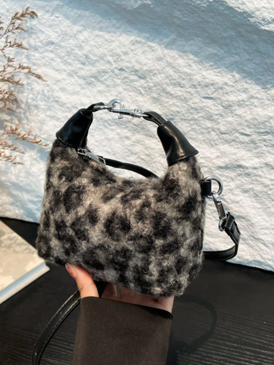 Fuzzy Polyester Mini Handbag with Zipper - Image 14