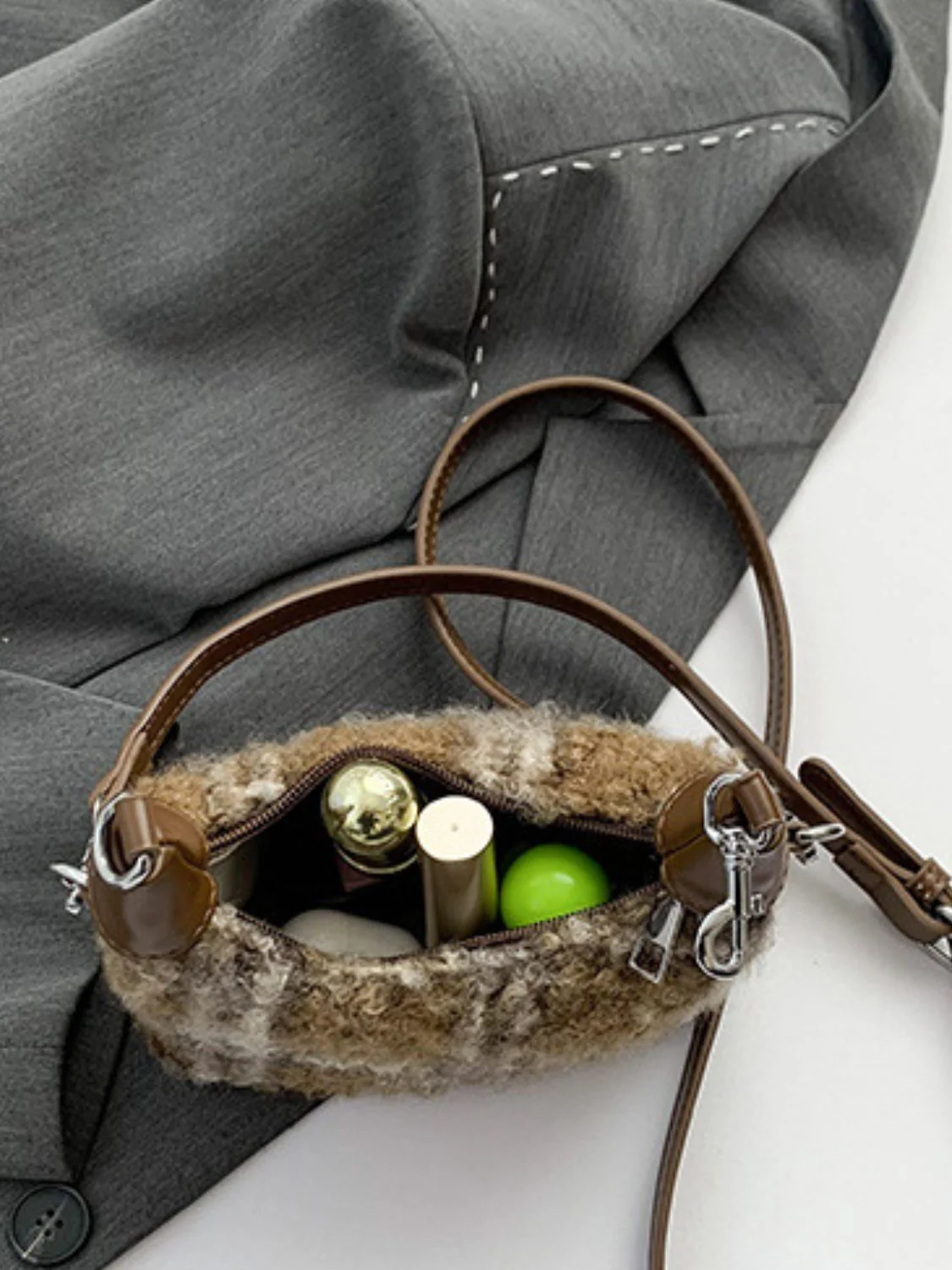 Fuzzy Polyester Mini Handbag with Zipper - Image 3