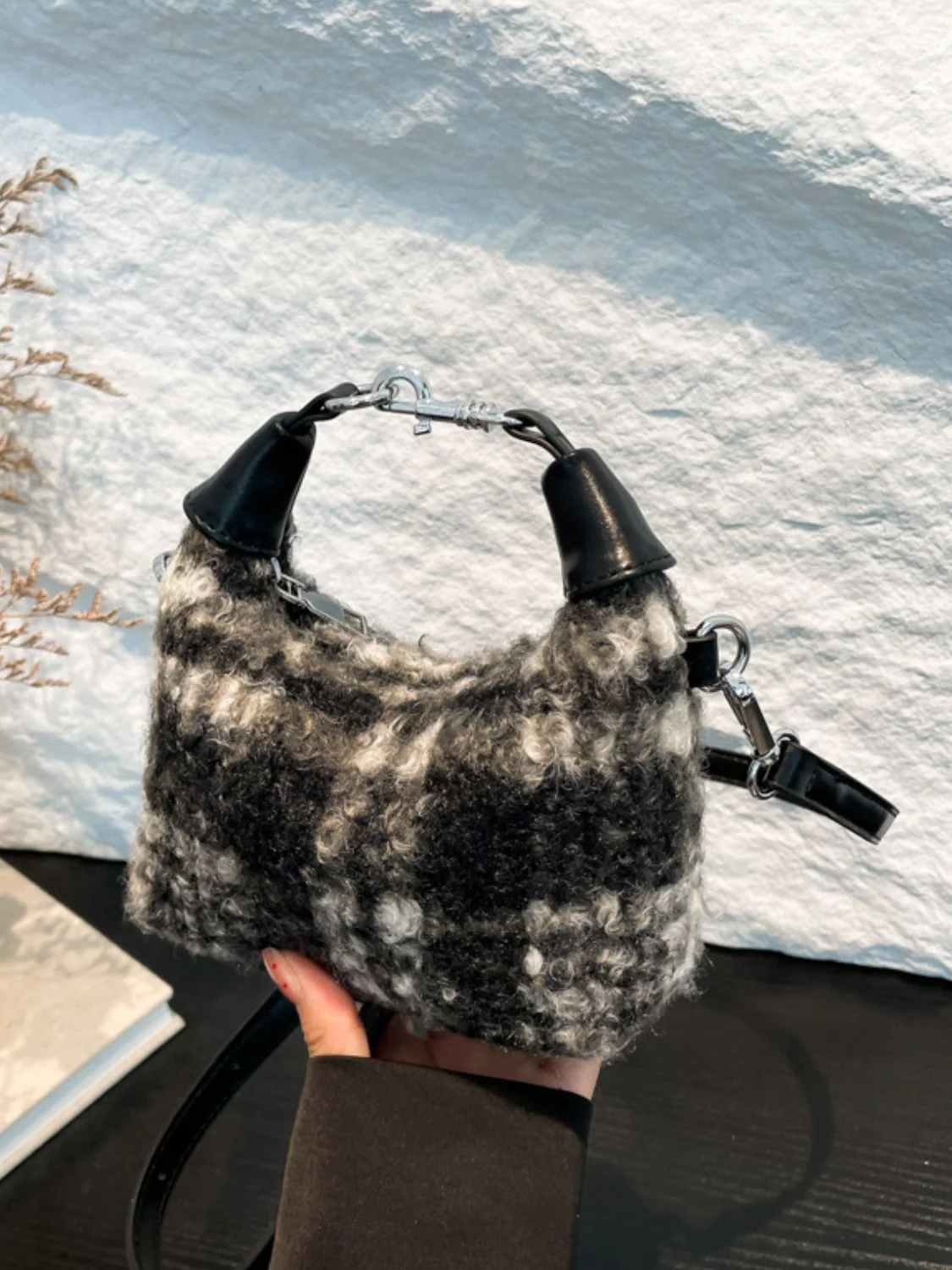 Fuzzy Polyester Mini Handbag with Zipper - Image 6