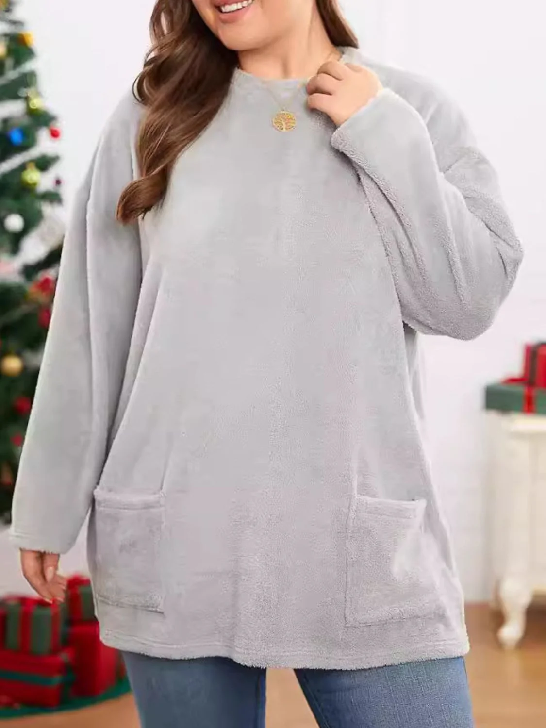 Fuzzy Round Neck Long Sleeve Top - Image 3