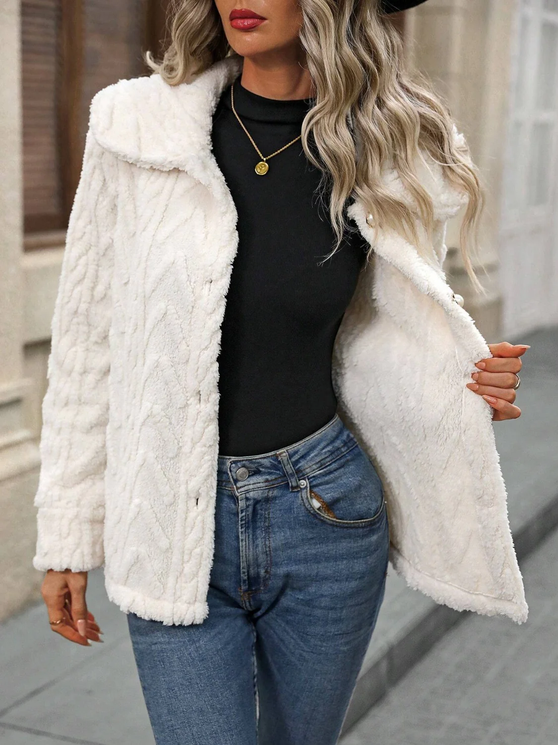 Fuzzy Texture Button Up Collared Neck Coat - Image 4