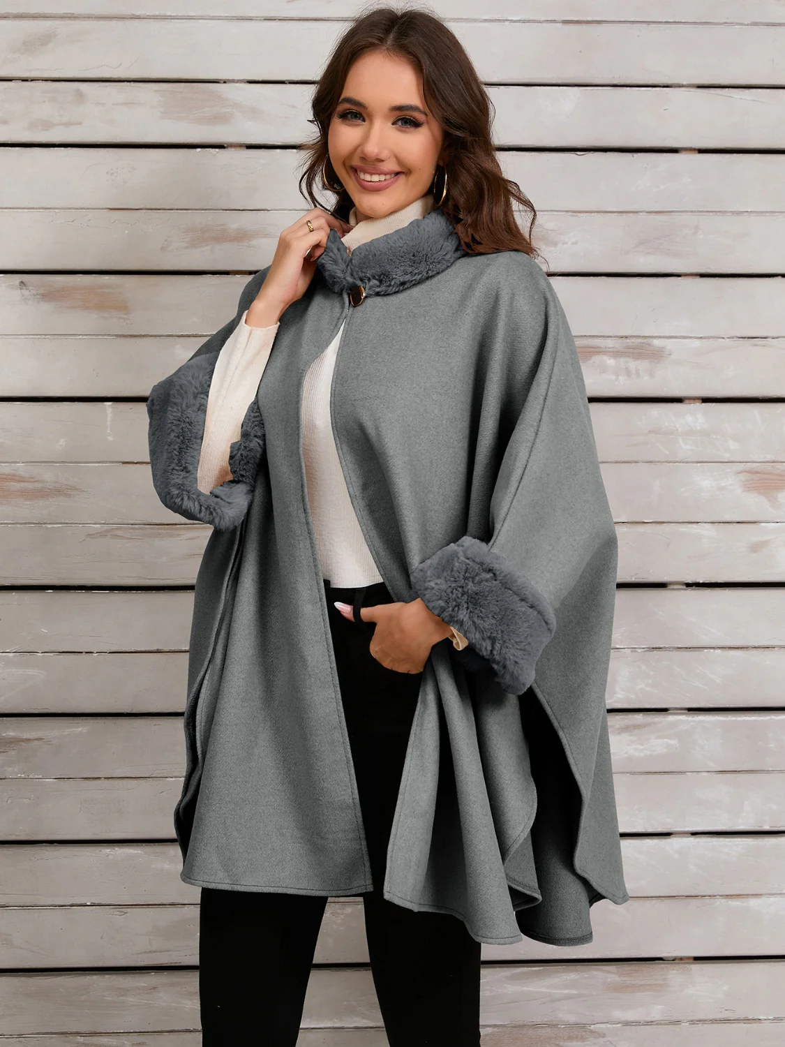 Fuzzy Trim Long Sleeve Poncho - Image 10