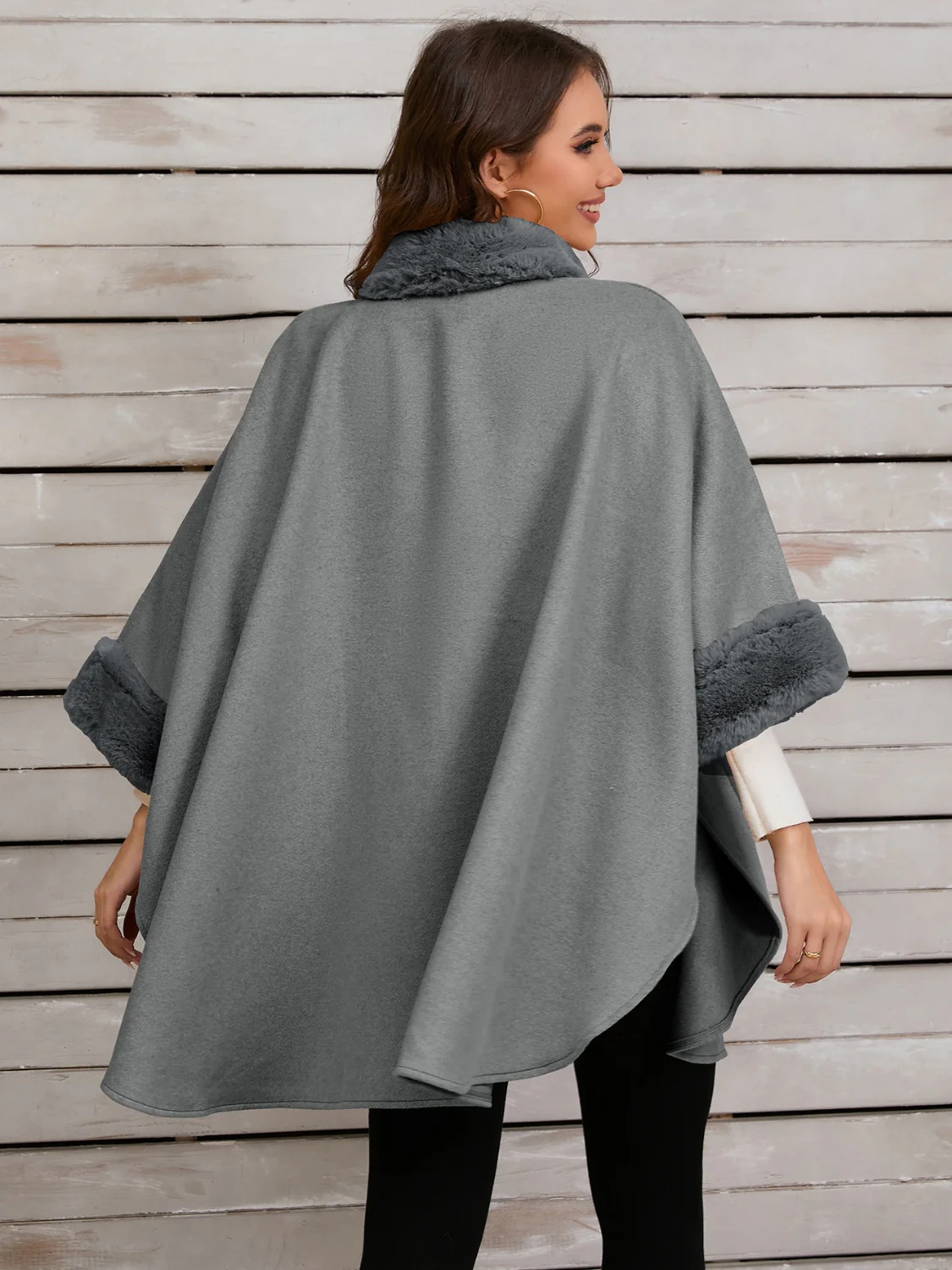 Fuzzy Trim Long Sleeve Poncho - Image 11