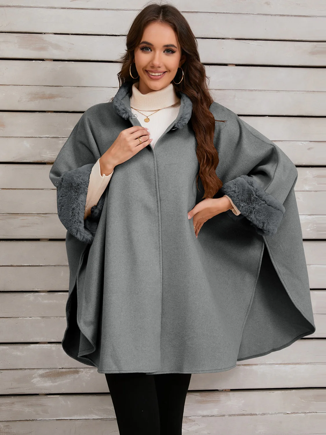 Fuzzy Trim Long Sleeve Poncho - Image 12