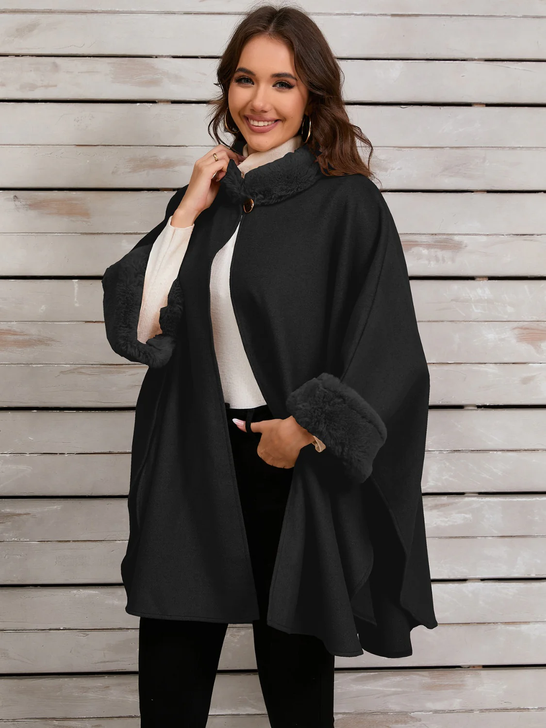 Fuzzy Trim Long Sleeve Poncho - Image 17