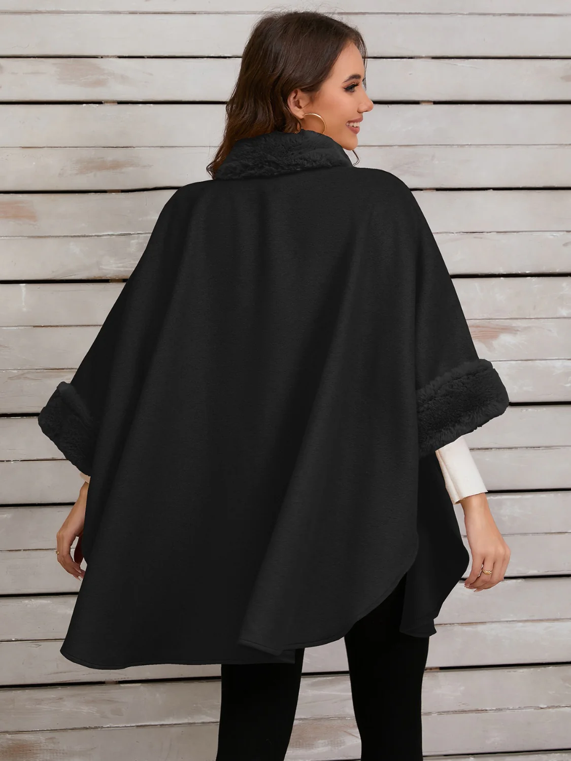 Fuzzy Trim Long Sleeve Poncho - Image 18