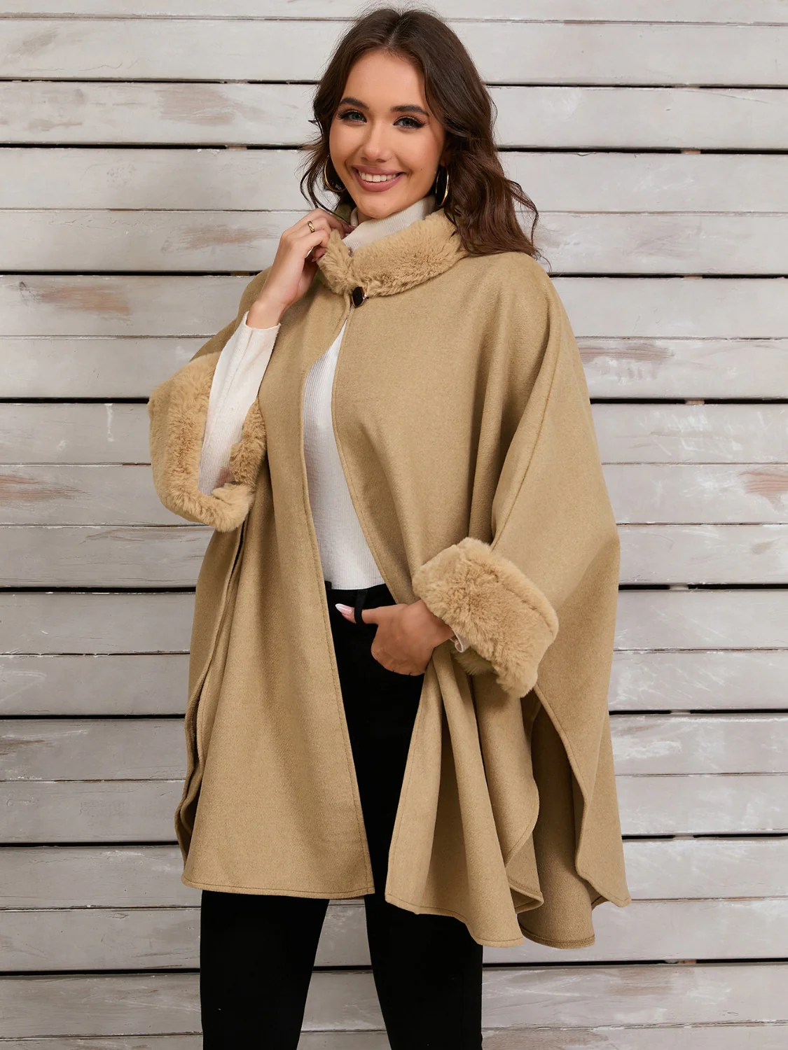 Fuzzy Trim Long Sleeve Poncho - Image 2