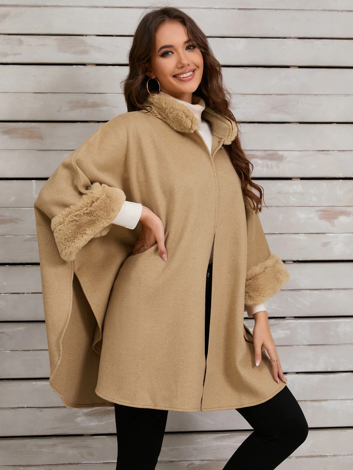Fuzzy Trim Long Sleeve Poncho - Image 3