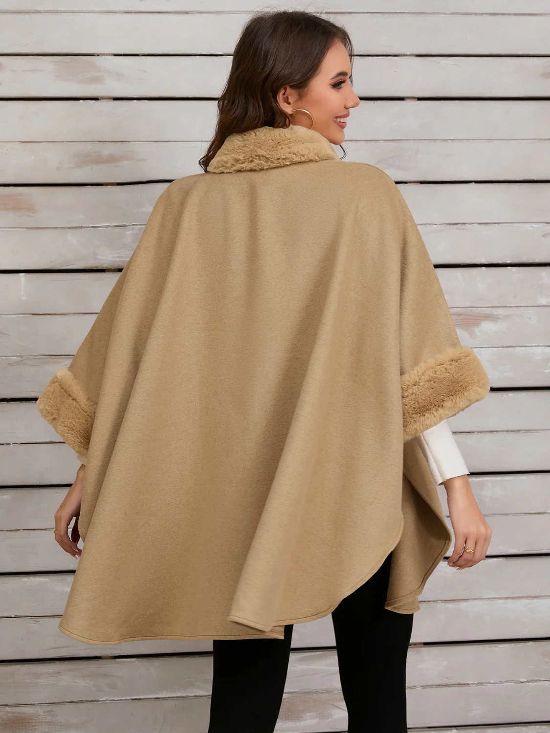 Fuzzy Trim Long Sleeve Poncho - Image 4
