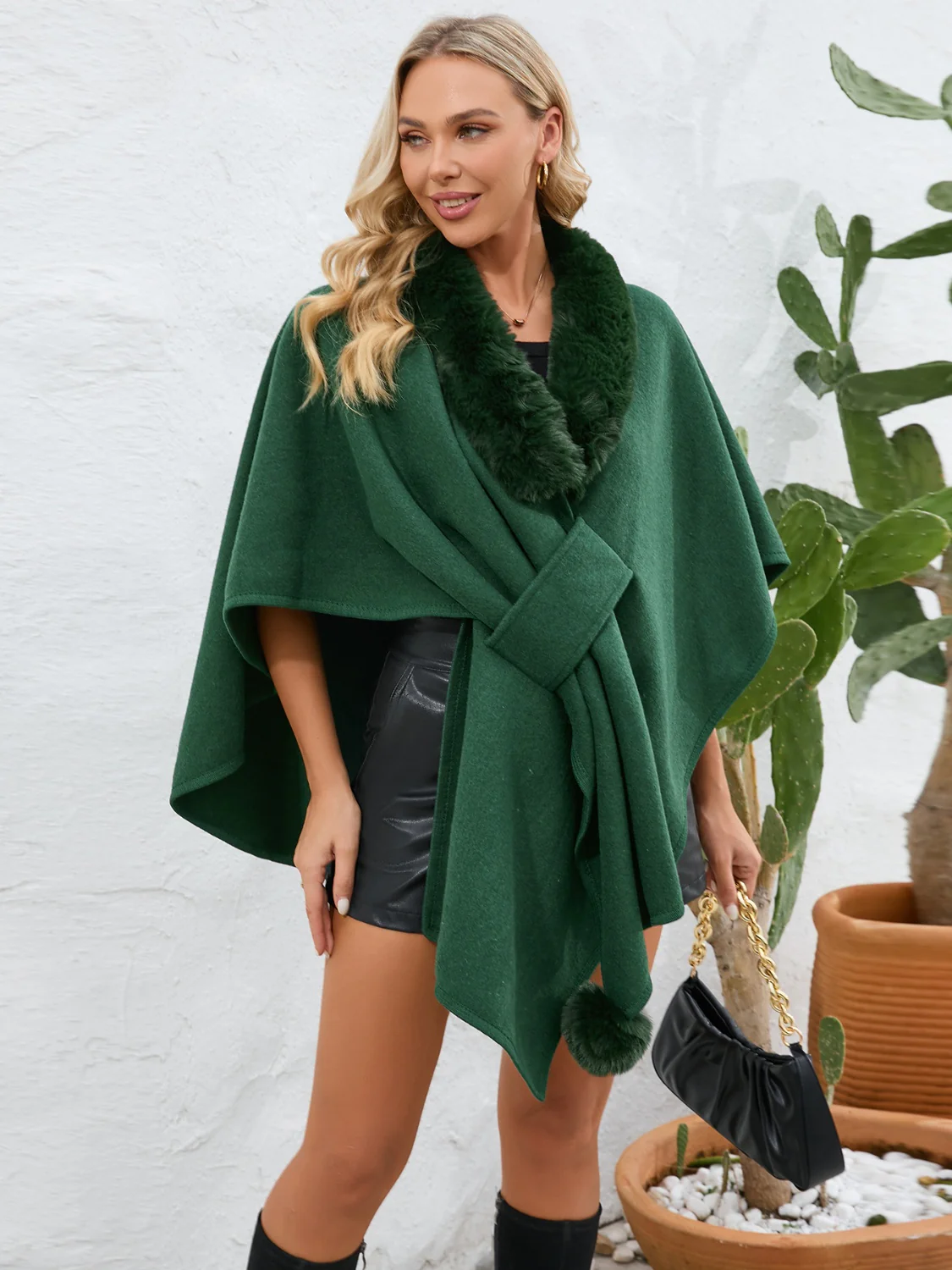 Fuzzy Trim Open Front Poncho - Image 14