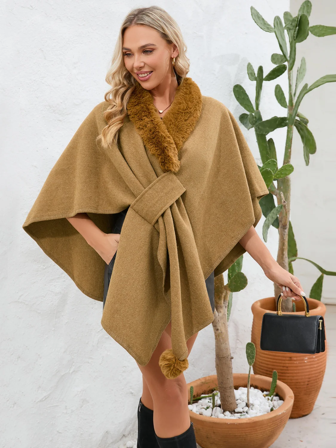 Fuzzy Trim Open Front Poncho - Image 33