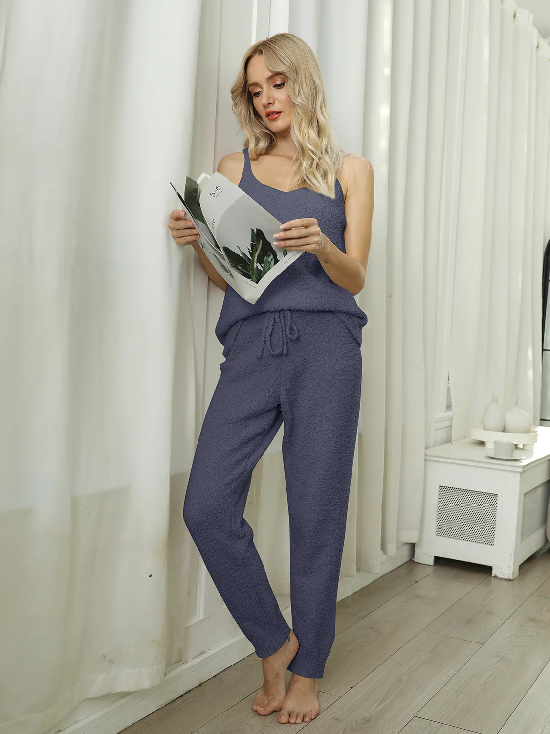 Fuzzy V-Neck Cami and Pants Lounge Set - Image 15