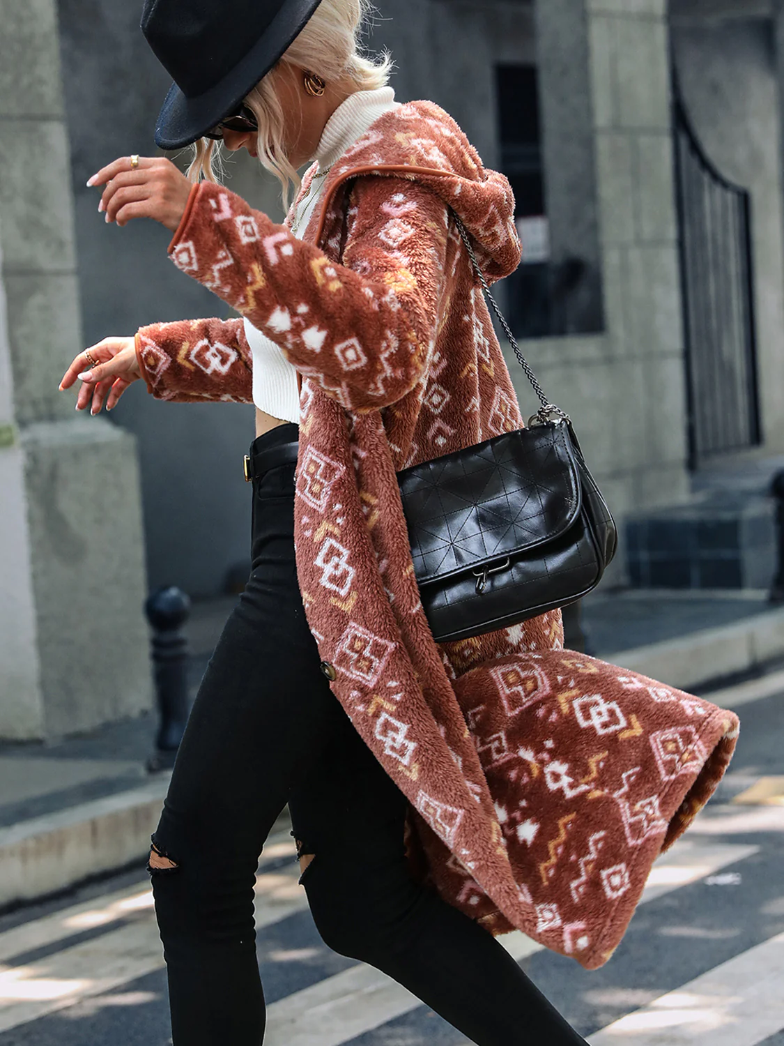 Geometric Button Down Hooded Fleece Coat - Image 2
