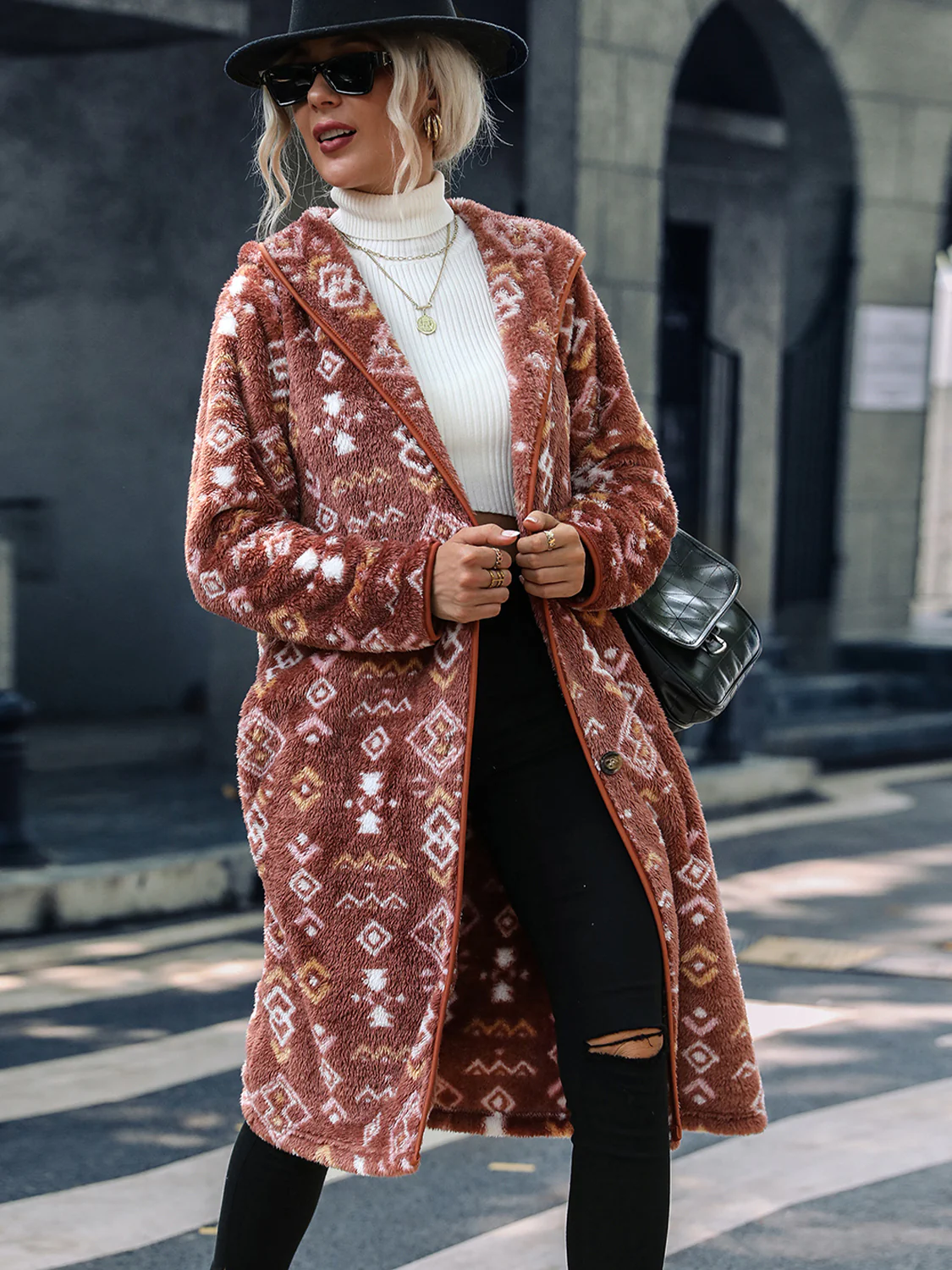 Geometric Button Down Hooded Fleece Coat - Image 3