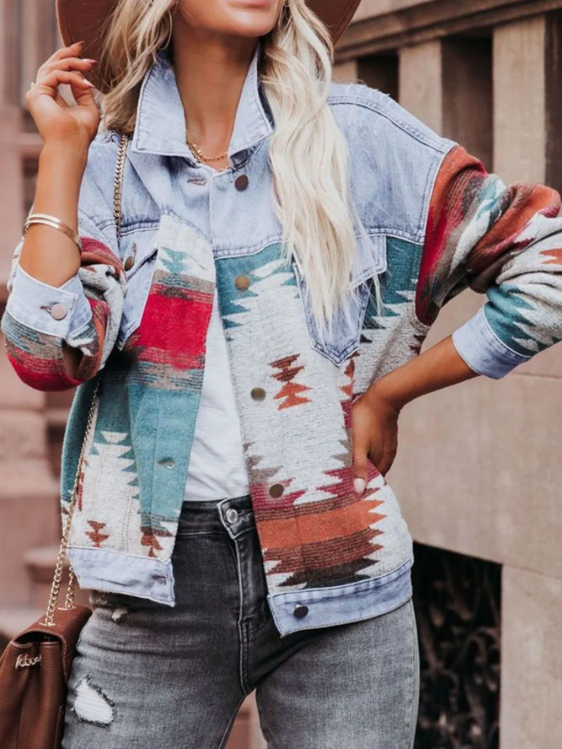 Geometric Button Up Long Sleeve Denim Jacket - Image 3
