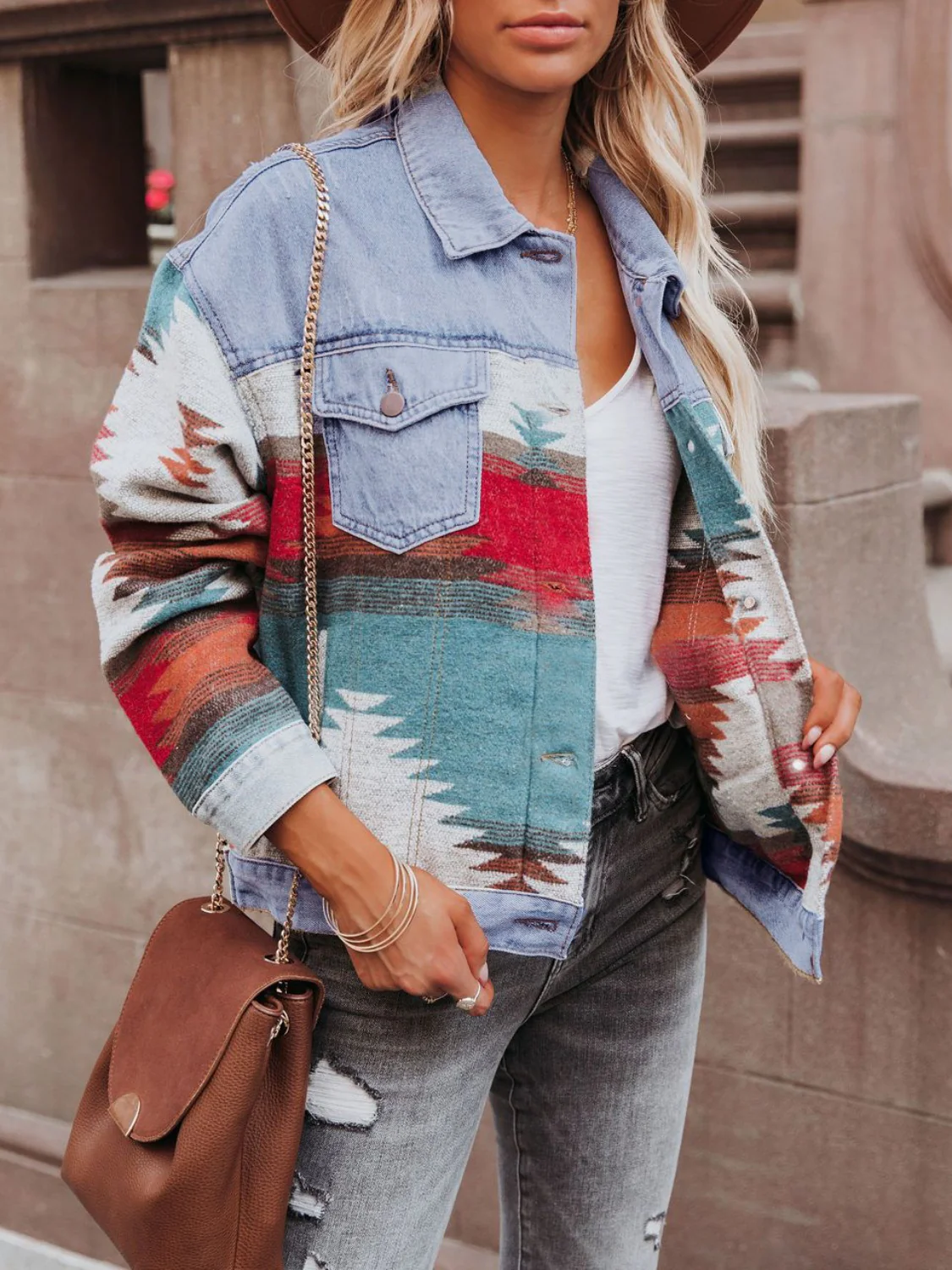 Geometric Button Up Long Sleeve Denim Jacket - Image 4