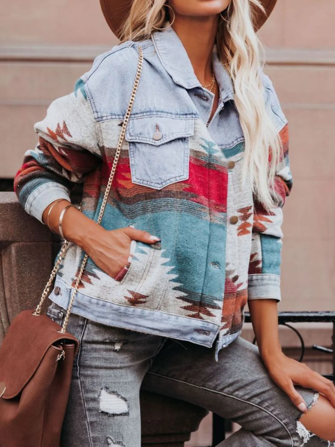 Geometric Button Up Long Sleeve Denim Jacket - Image 5
