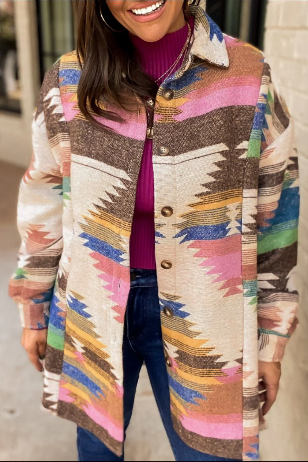 Geometric Button Up Long Sleeve Jacket - Image 3