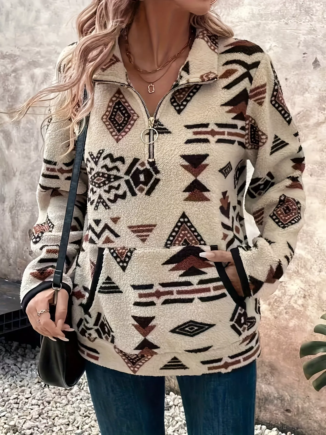 Geometric Half Zip Long Sleeve Sweatshirt - Image 2