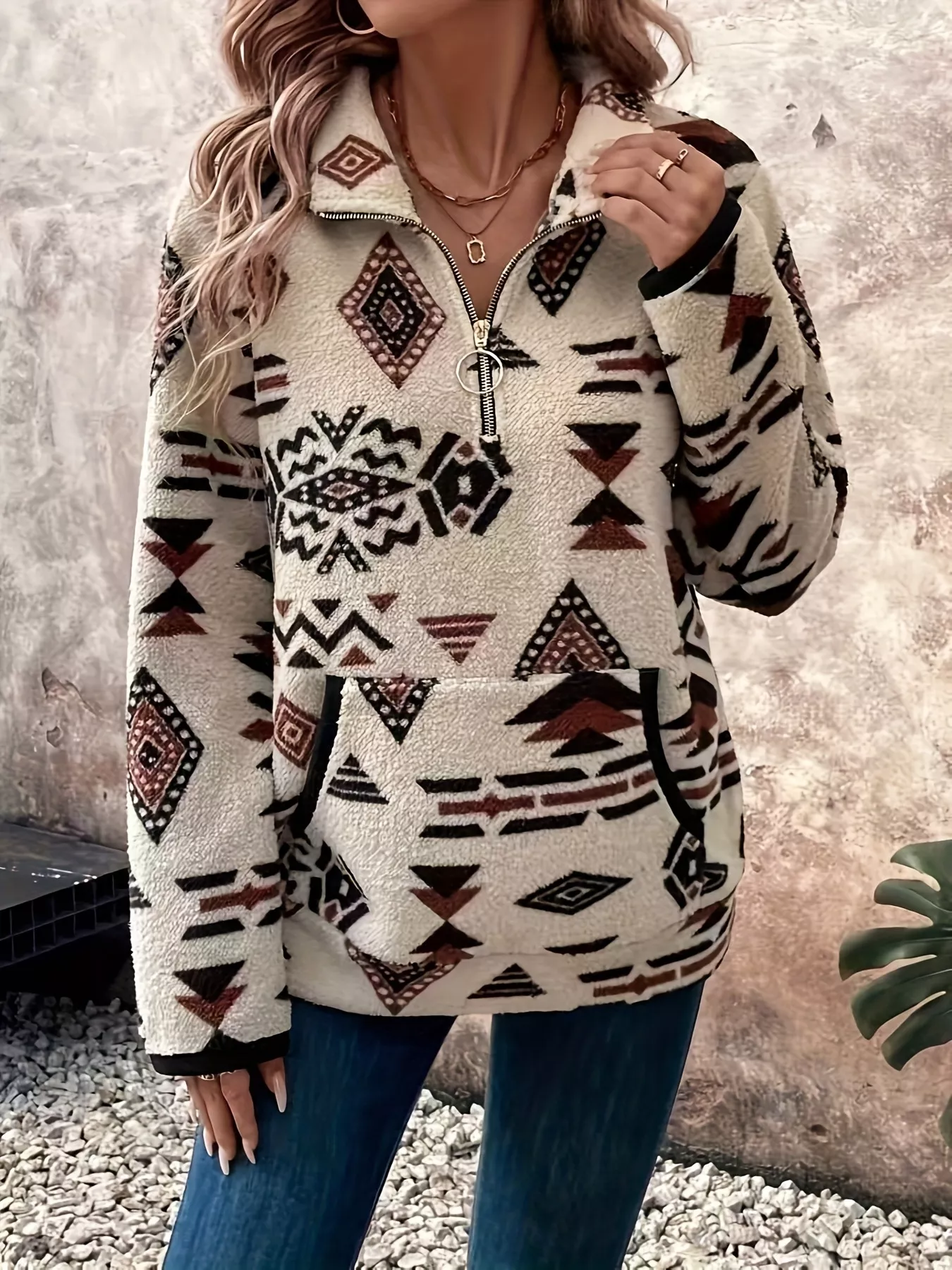 Geometric Half Zip Long Sleeve Sweatshirt - Image 3