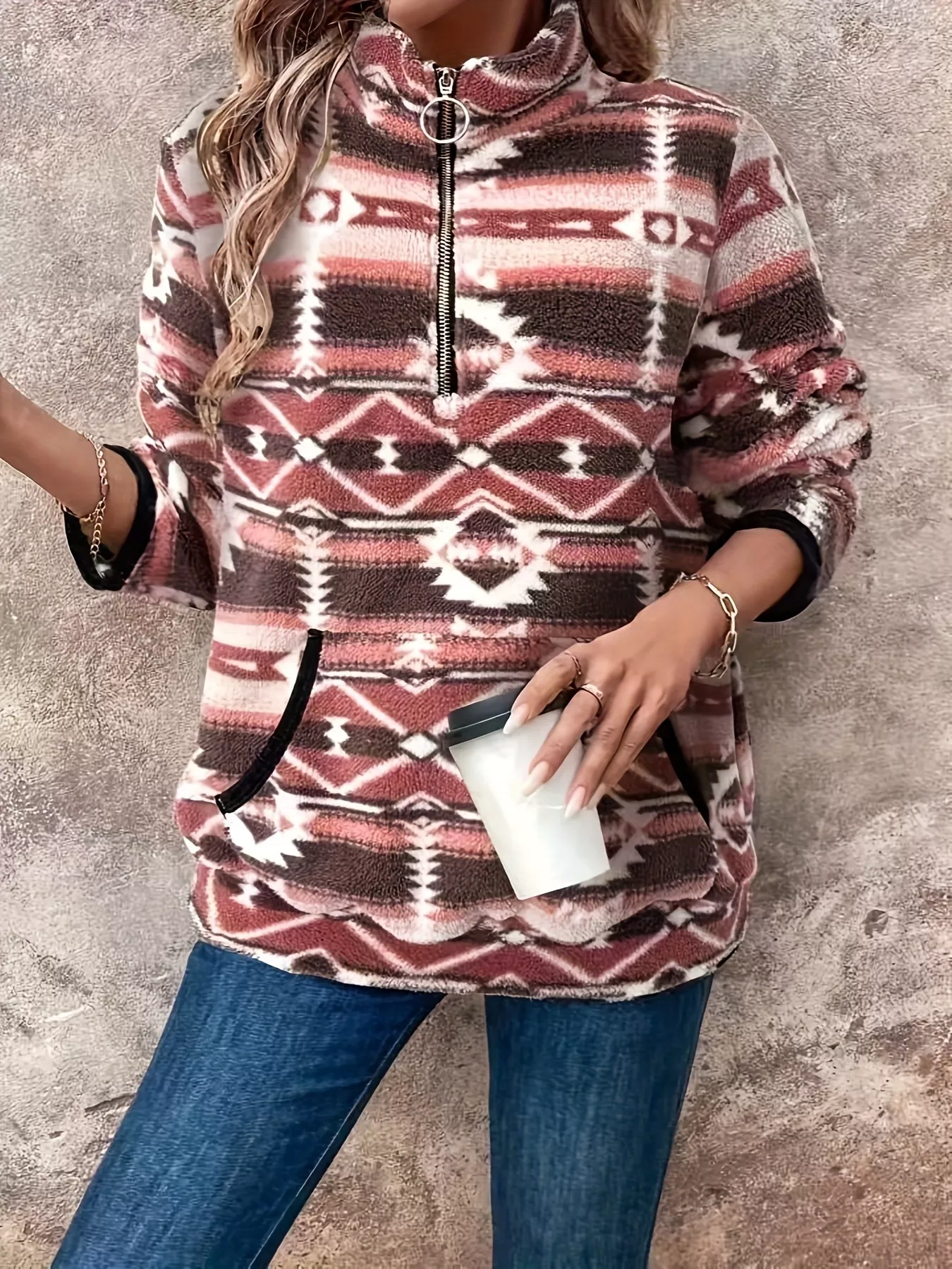 Geometric Half Zip Long Sleeve Sweatshirt - Image 7