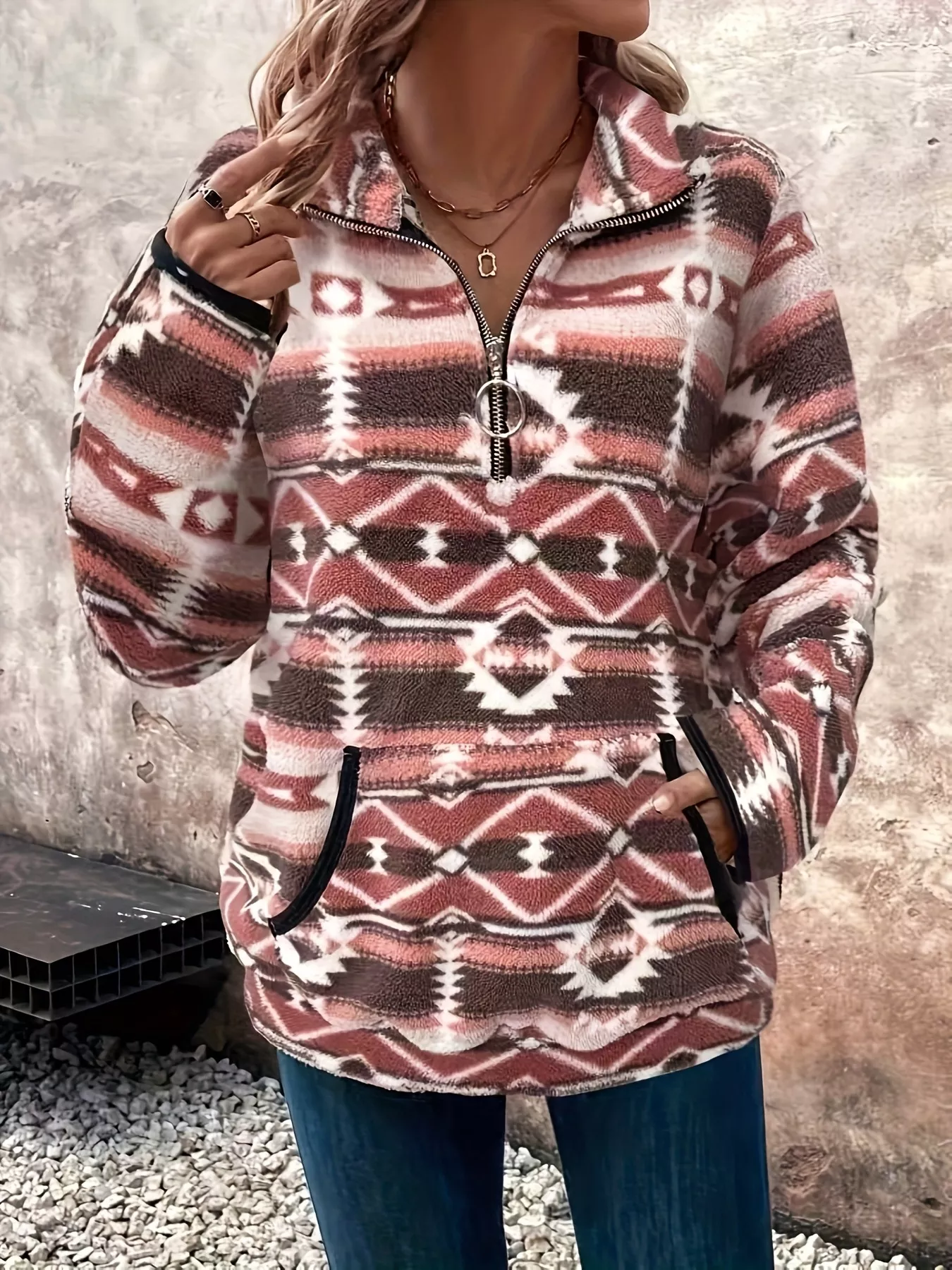Geometric Half Zip Long Sleeve Sweatshirt - Image 8