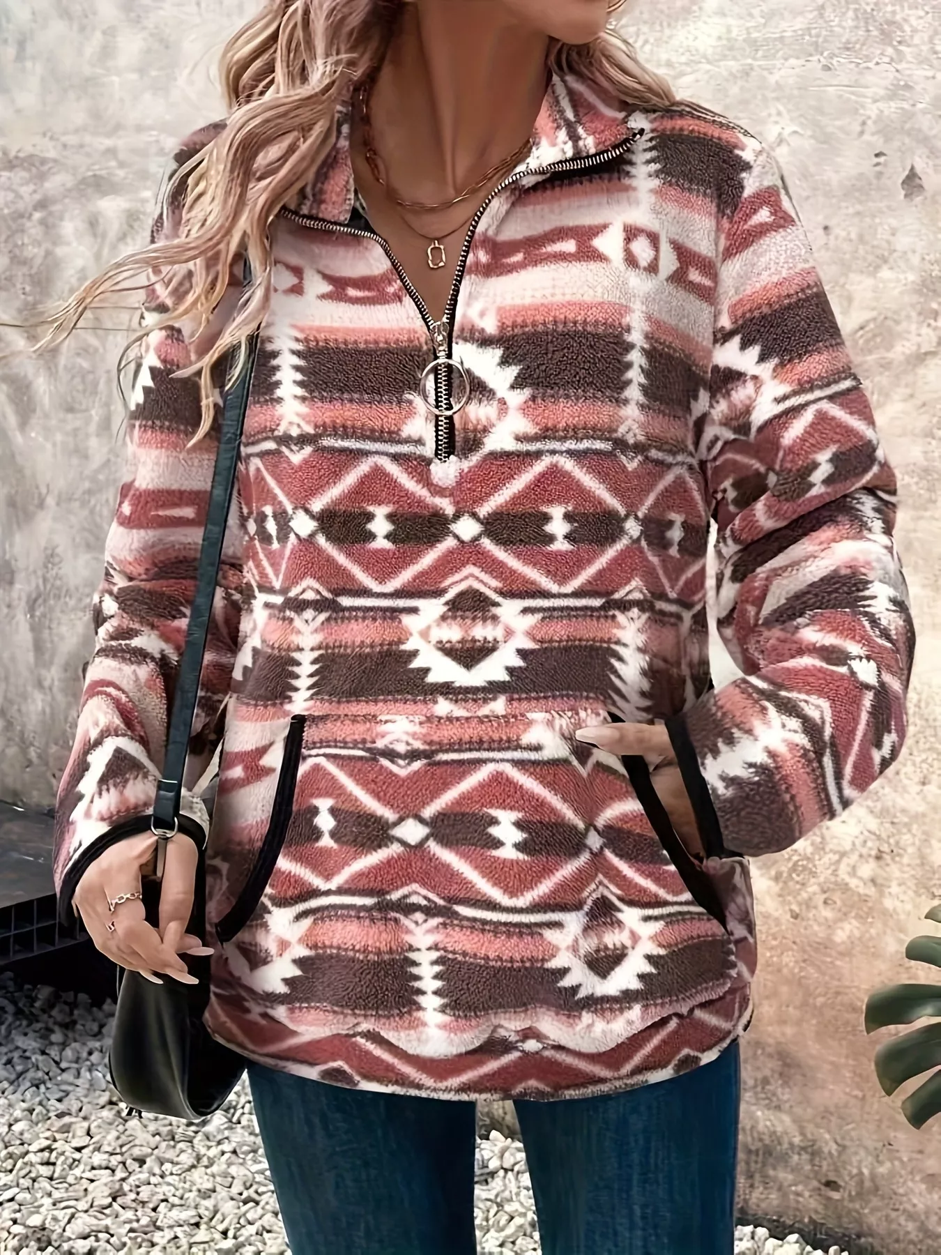 Geometric Half Zip Long Sleeve Sweatshirt - Image 9