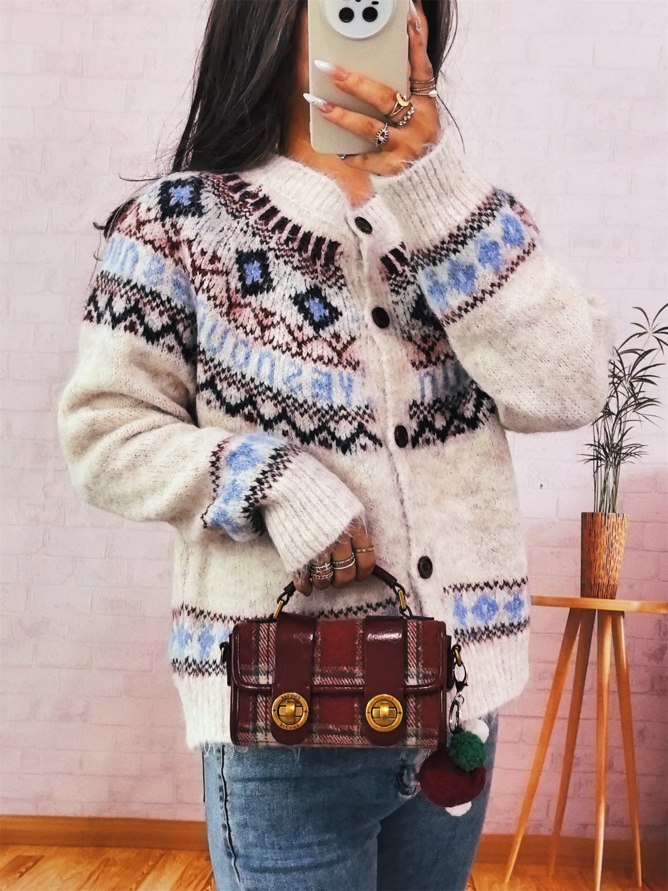Geometric Pattern Button Up Long Sleeve Cardigan - Image 4
