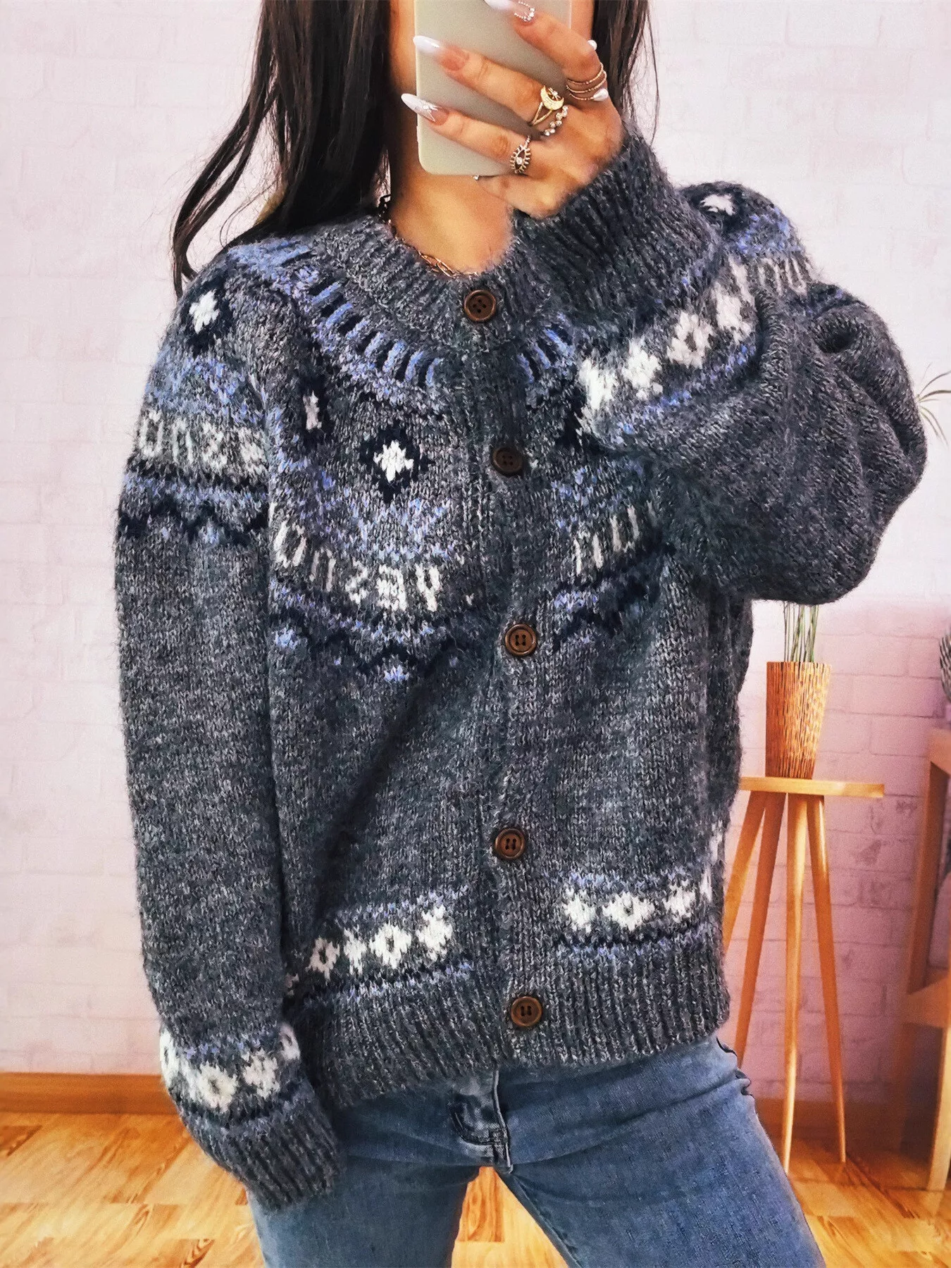 Geometric Pattern Button Up Long Sleeve Cardigan - Image 7