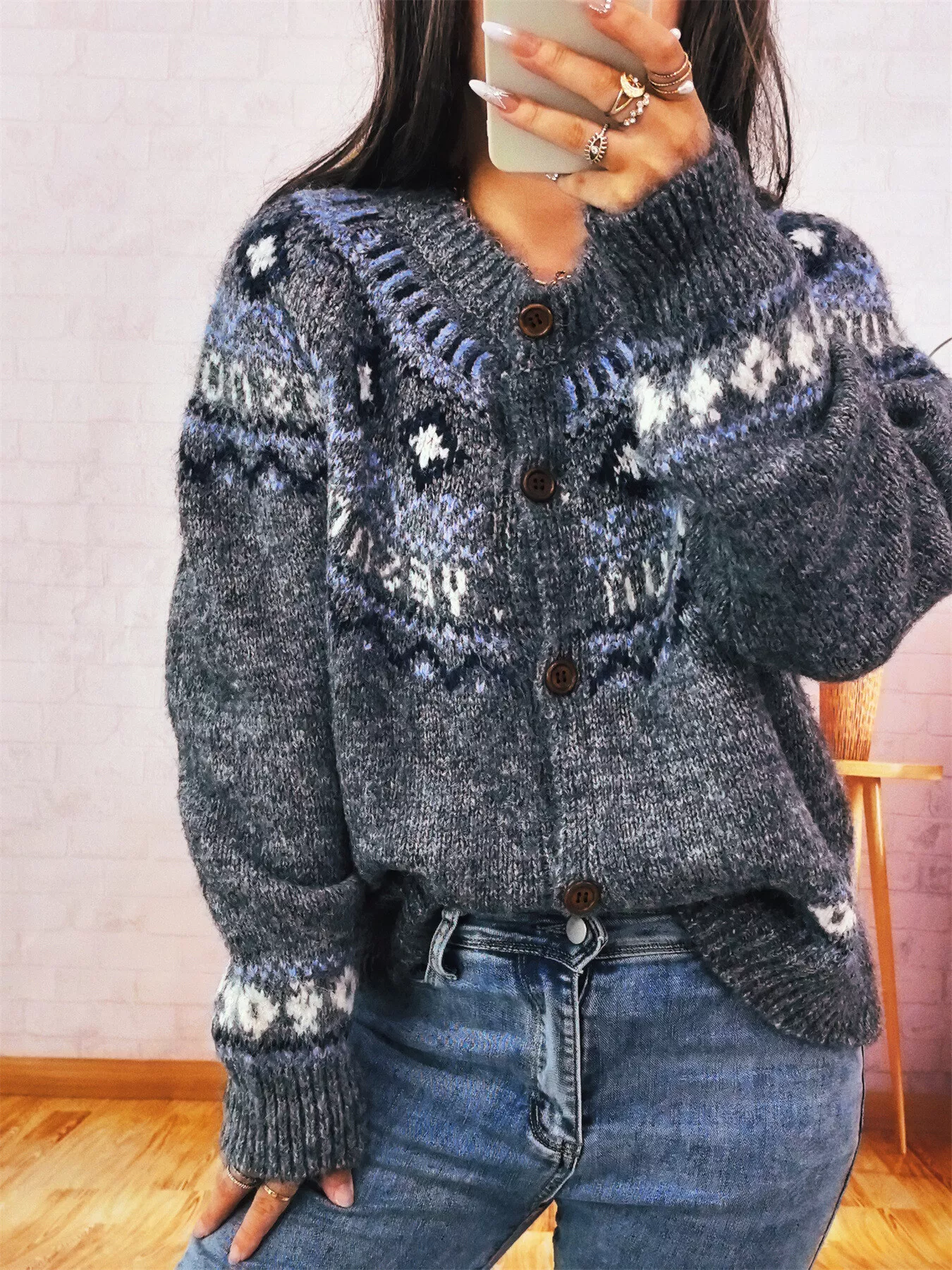 Geometric Pattern Button Up Long Sleeve Cardigan - Image 8