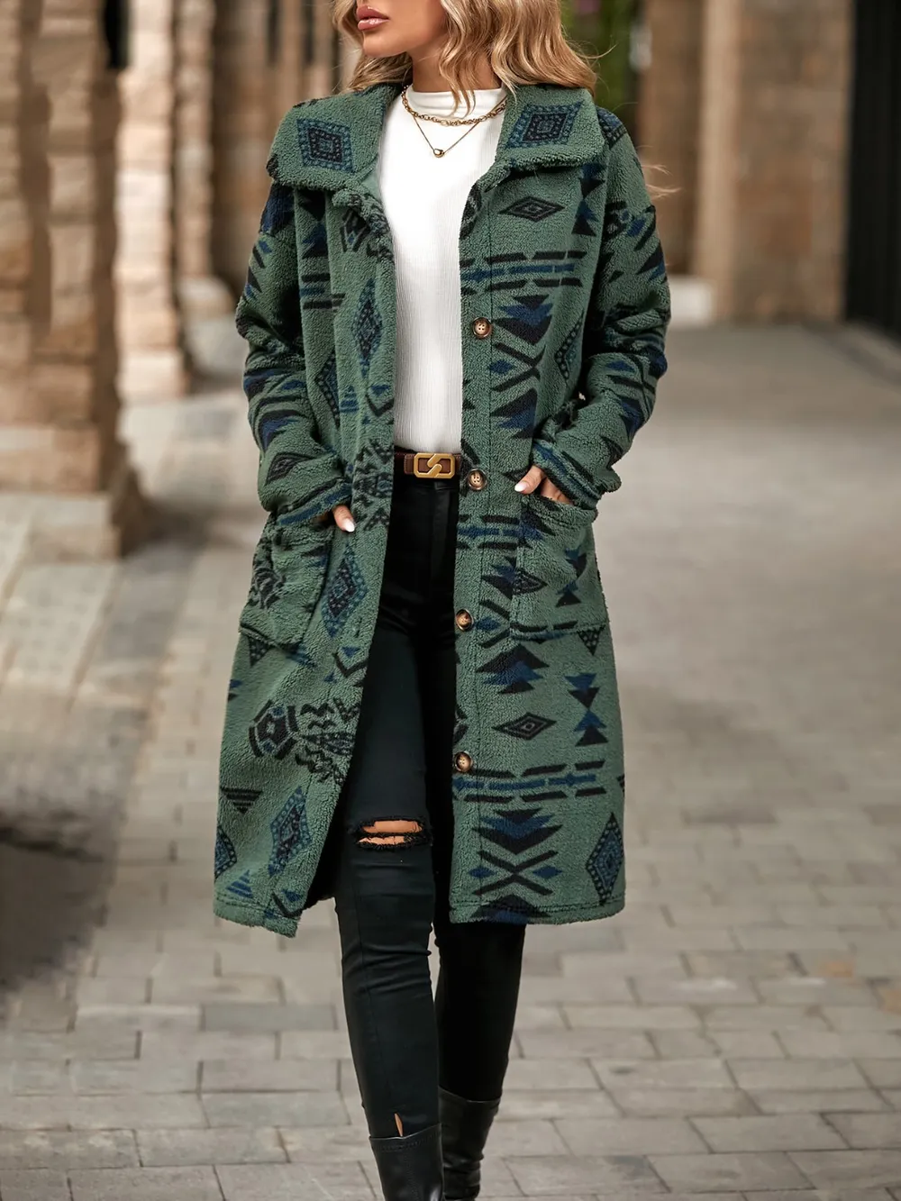 Geometric Pocketed Dropped Shoulder Coat - Image 10