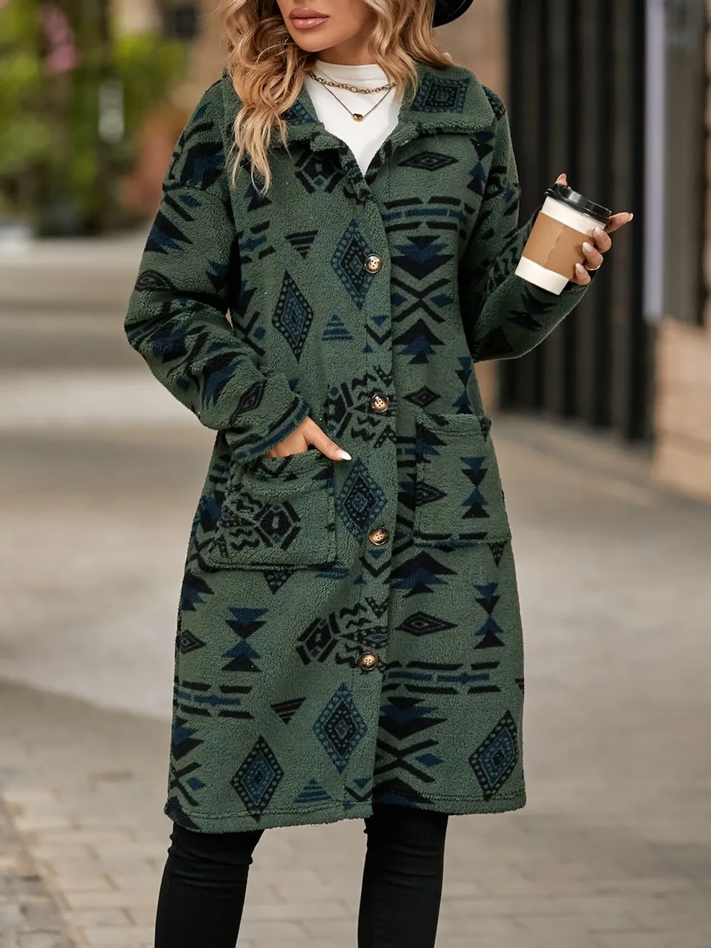 Geometric Pocketed Dropped Shoulder Coat - Image 11
