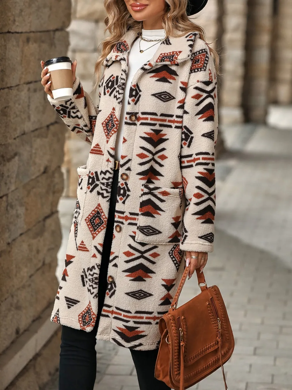 Geometric Pocketed Dropped Shoulder Coat - Image 2