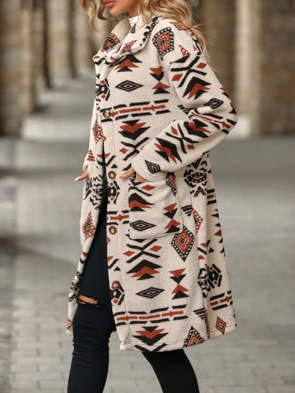Geometric Pocketed Dropped Shoulder Coat - Image 3