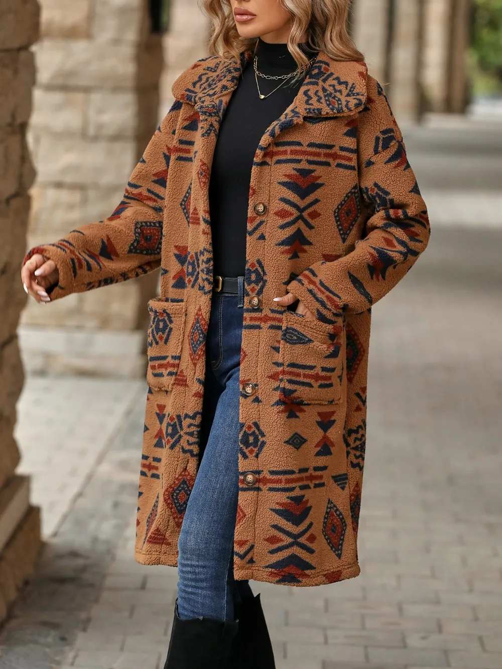 Geometric Pocketed Dropped Shoulder Coat - Image 7