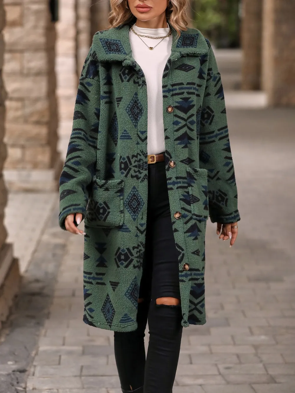 Geometric Pocketed Dropped Shoulder Coat - Image 9