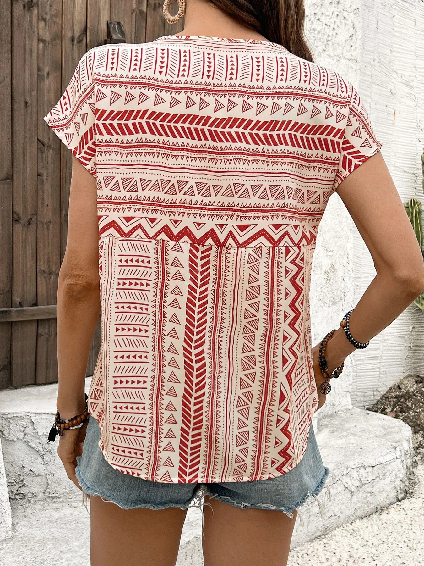 Geometric Print Short Sleeve Blouse - Image 15