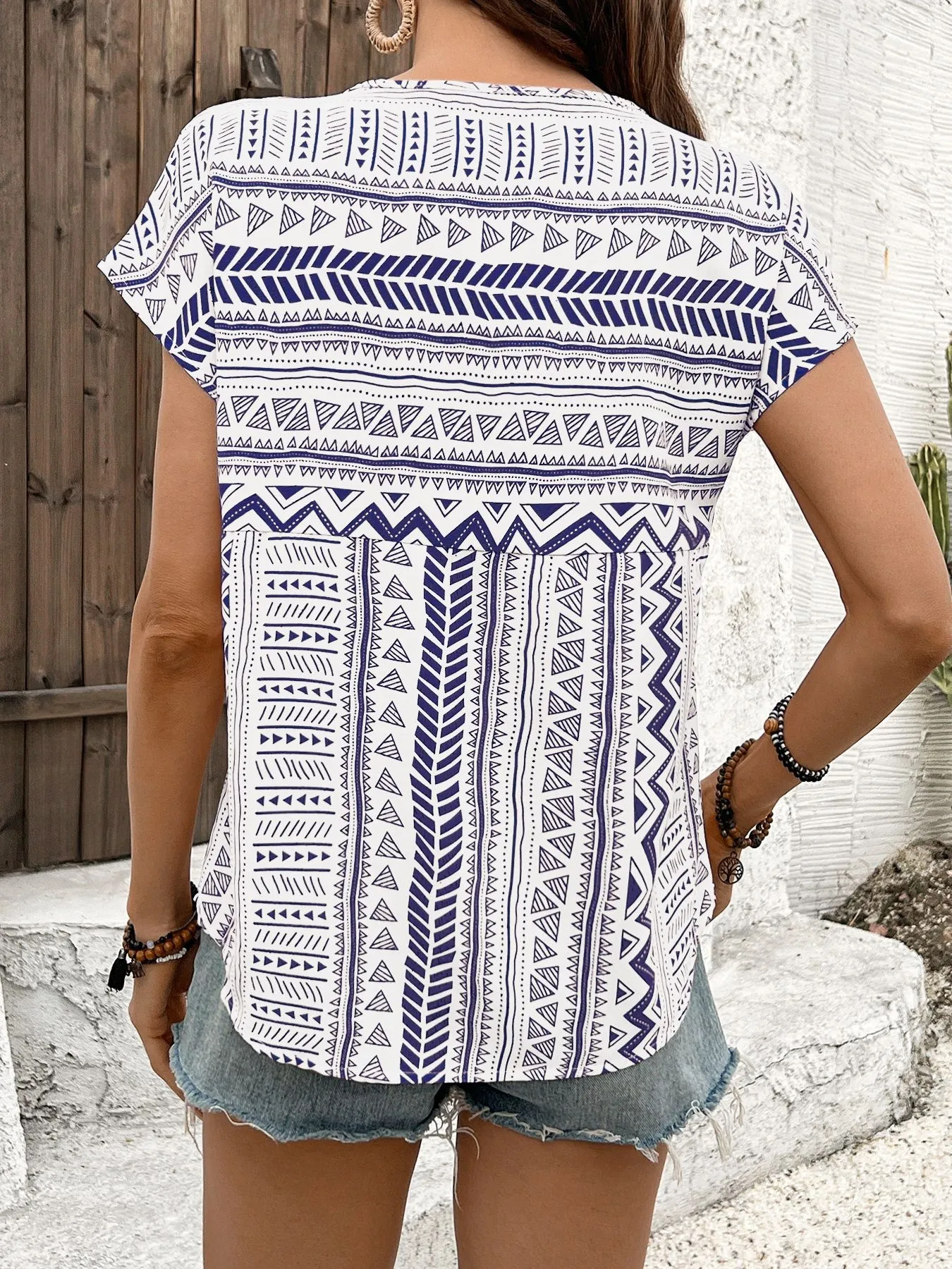 Geometric Print Short Sleeve Blouse - Image 21