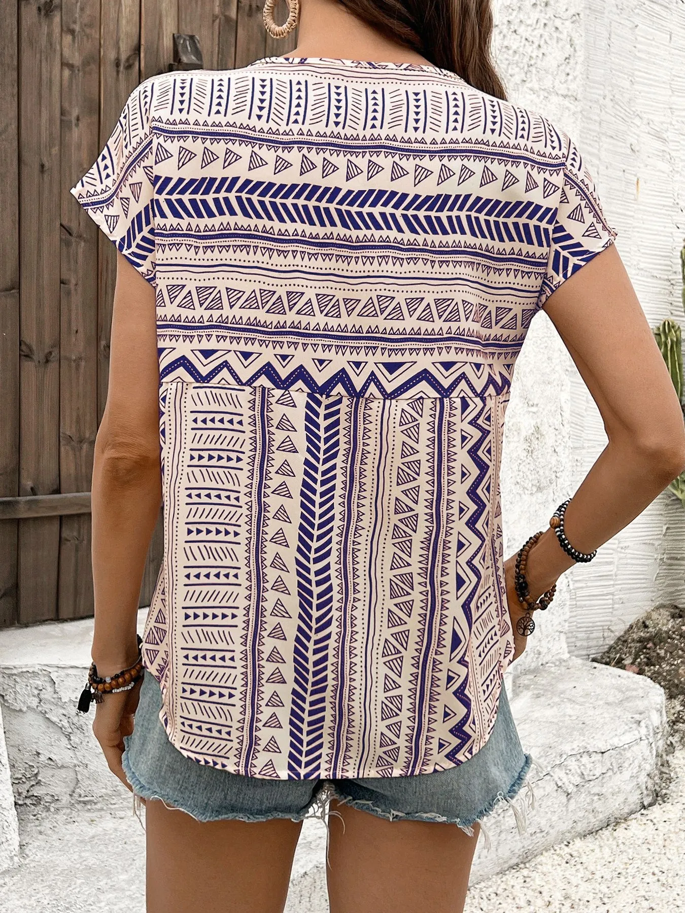 Geometric Print Short Sleeve Blouse - Image 27