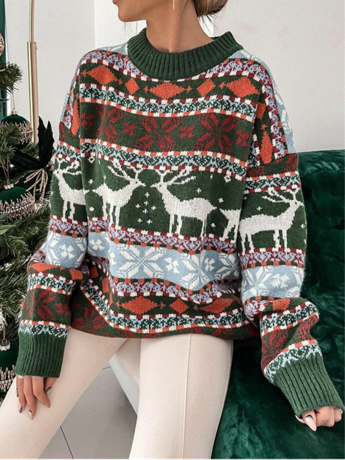 Geometric Round Neck Dropped Shoulder Sweater - Image 4