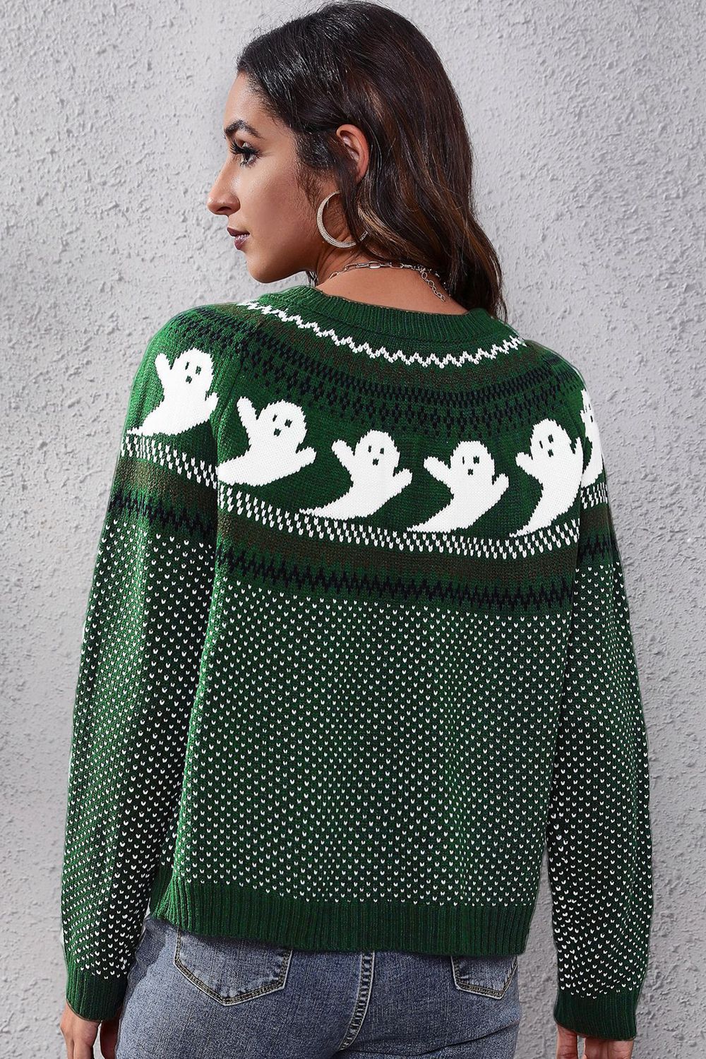 Ghost Pattern Round Neck Long Sleeve Sweater - Image 11