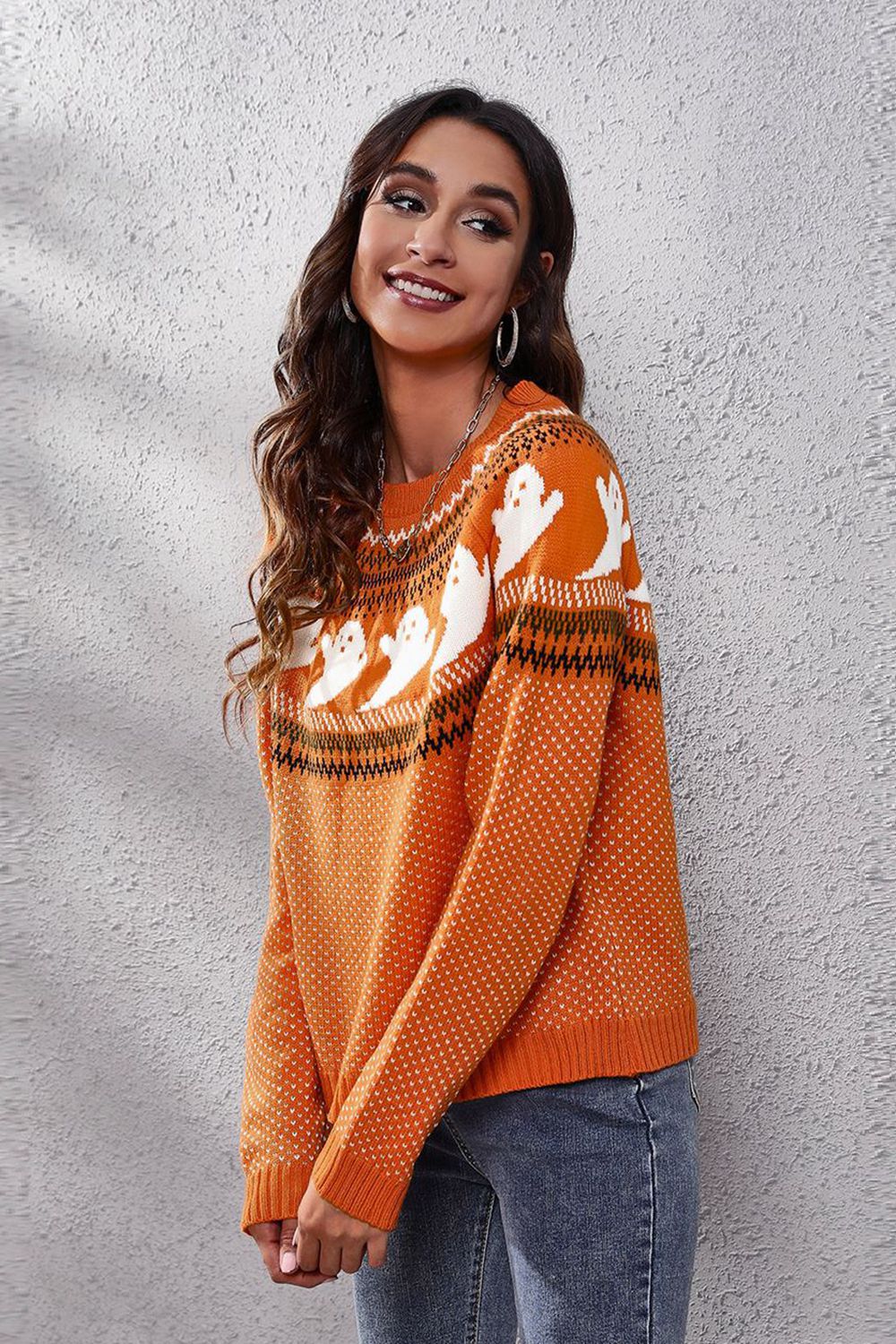 Ghost Pattern Round Neck Long Sleeve Sweater - Image 14
