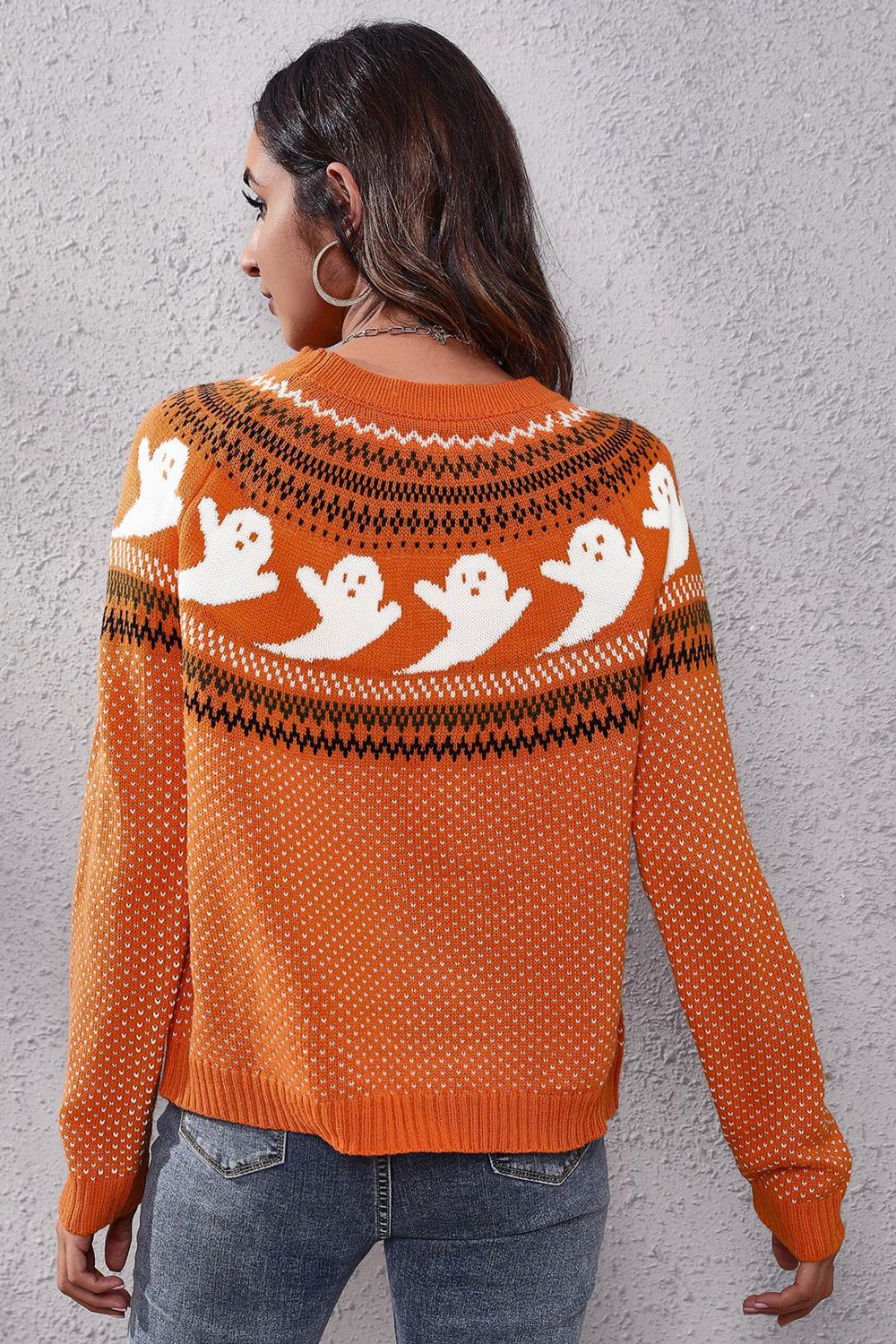 Ghost Pattern Round Neck Long Sleeve Sweater - Image 15
