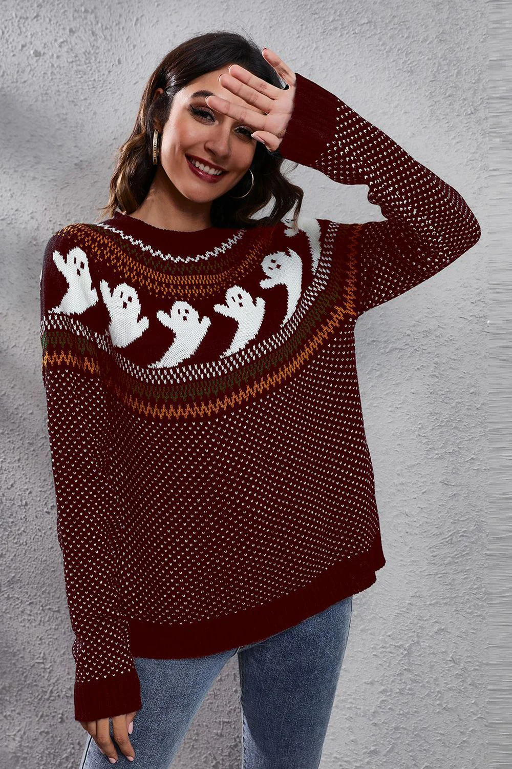 Ghost Pattern Round Neck Long Sleeve Sweater - Image 16