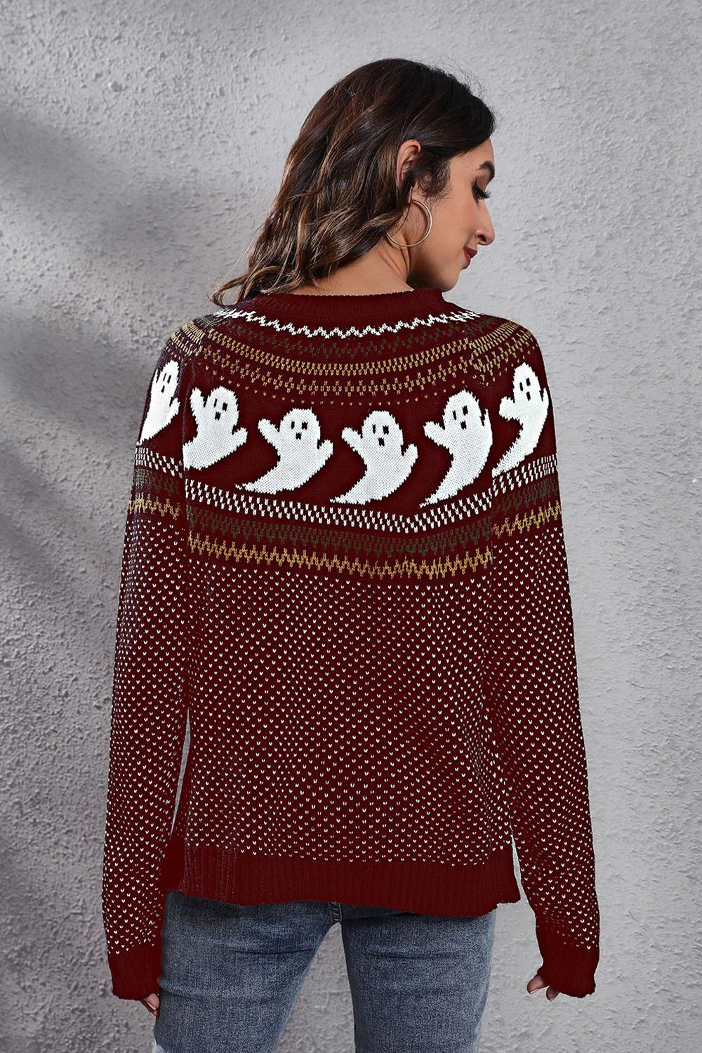 Ghost Pattern Round Neck Long Sleeve Sweater - Image 17