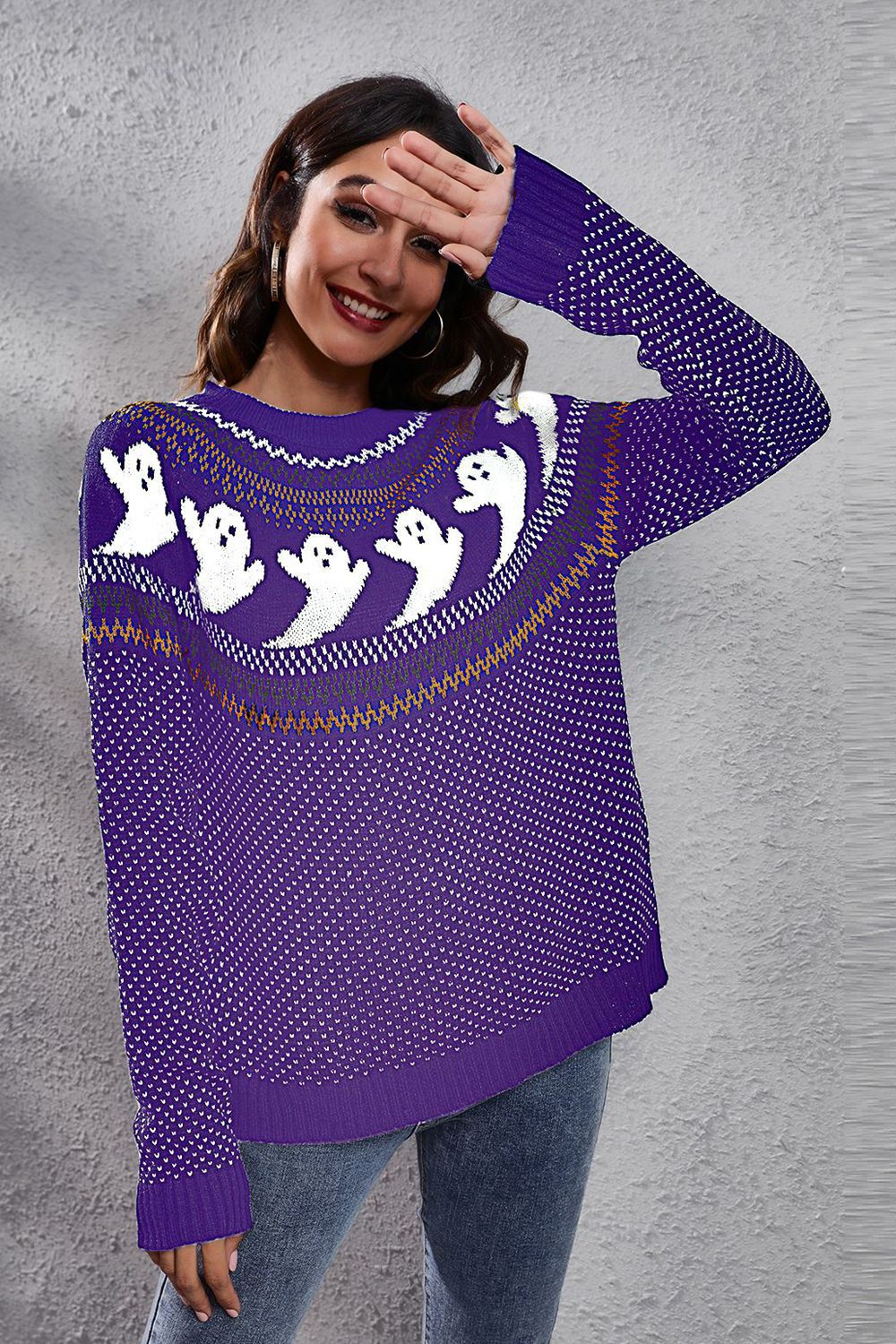 Ghost Pattern Round Neck Long Sleeve Sweater - Image 19