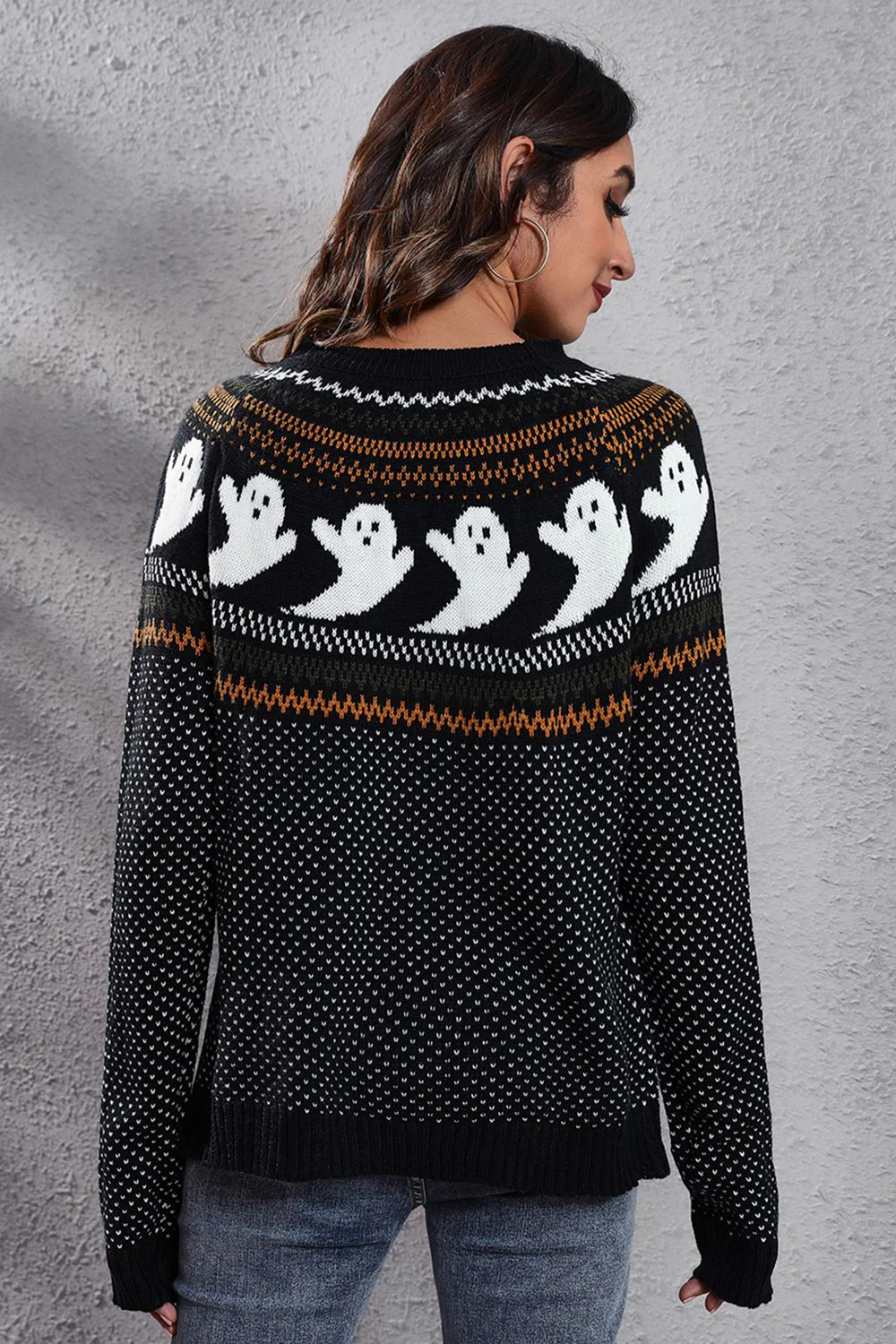 Ghost Pattern Round Neck Long Sleeve Sweater - Image 2