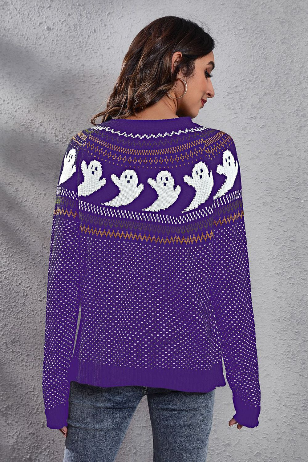Ghost Pattern Round Neck Long Sleeve Sweater - Image 20